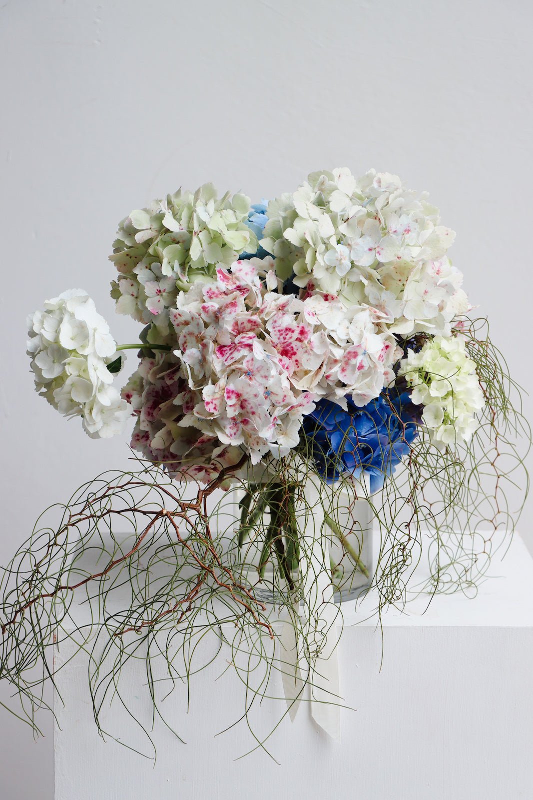 A vase arrangement of Blue, white and pink Hydrangea flowers with trailing acacia foliage. 