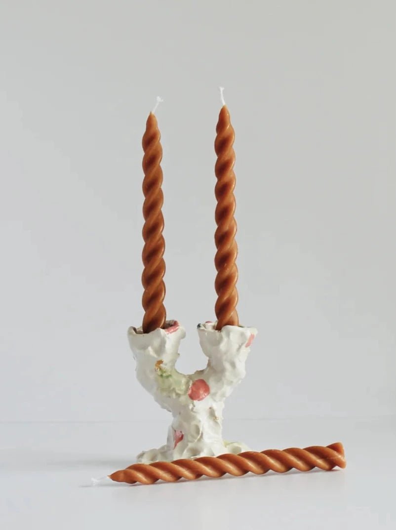 Set of 3 caramel coloured spiral taper candles 